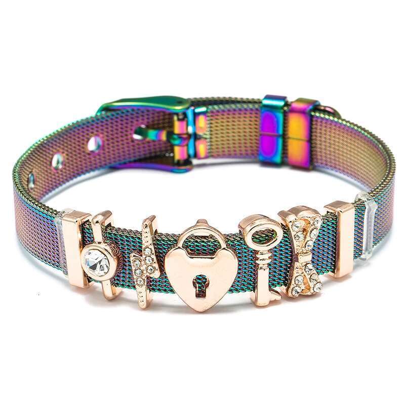 Stainless Steel Colorful Love Key Charms Bracelets DIY Fashion Mesh Bracelet for Women Slider Charms Jewelry Accessories