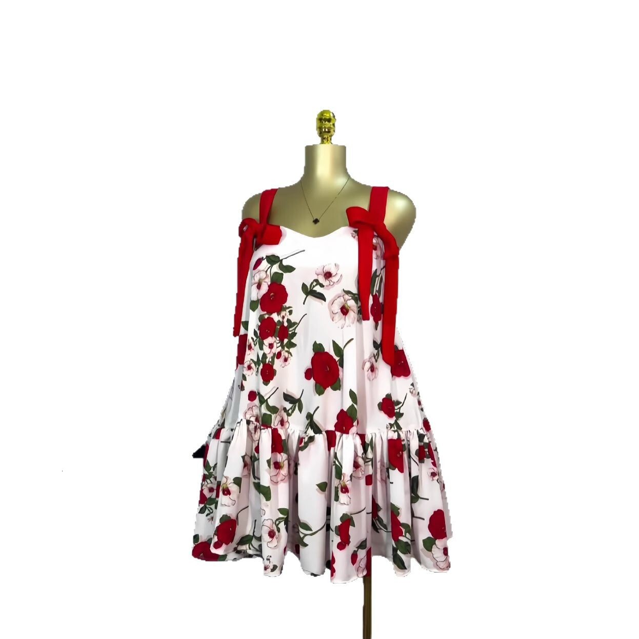 Women's 2025 Spring New Sleeveless Printed Shoulder Bow Strap Folded Short Dress