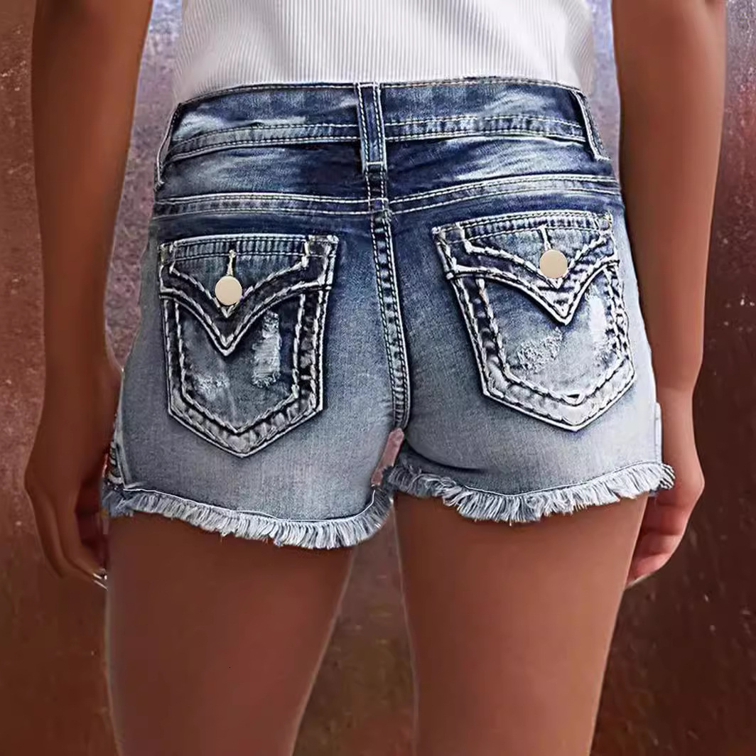 Women's Fashionable Elastic Patch Embroidered Hole Denim Shorts Sexy Hot Pants Women's Shorts