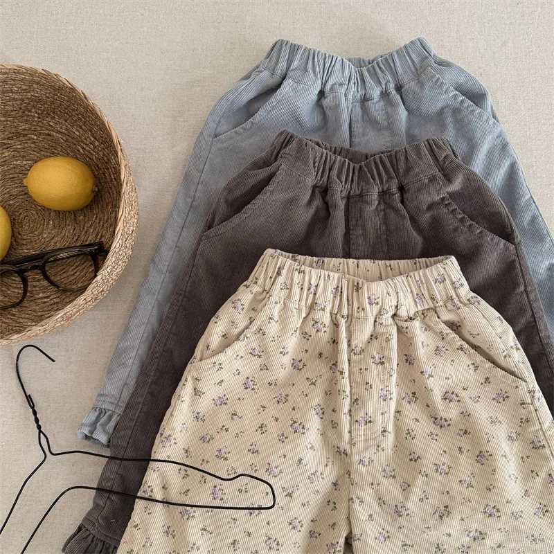 young deer 2025 New Spring Baby Girls Wide Leg Pants Floral Printed Korean Style Corduroy Ruffles Toddlers Kids Casual TrousersT250318