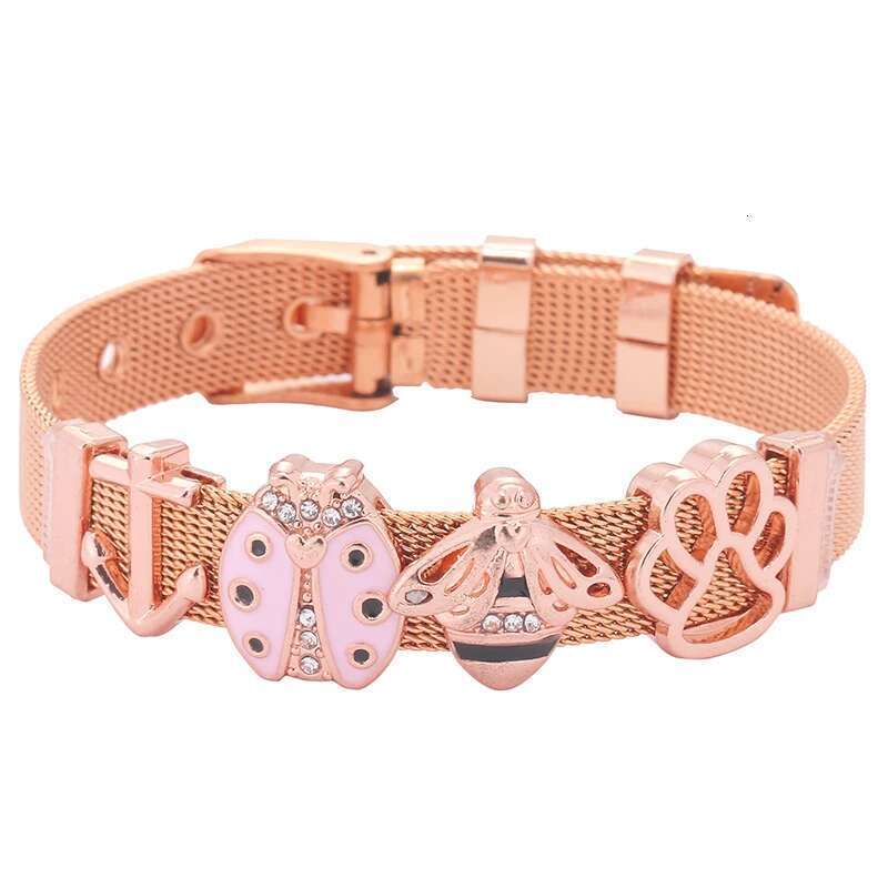 Stainless Steel Keeper Mesh Bracelets with Lovely Bee & Ladybug Crystal Slide Charms Wrap Bracelets Bangle For Women Gift