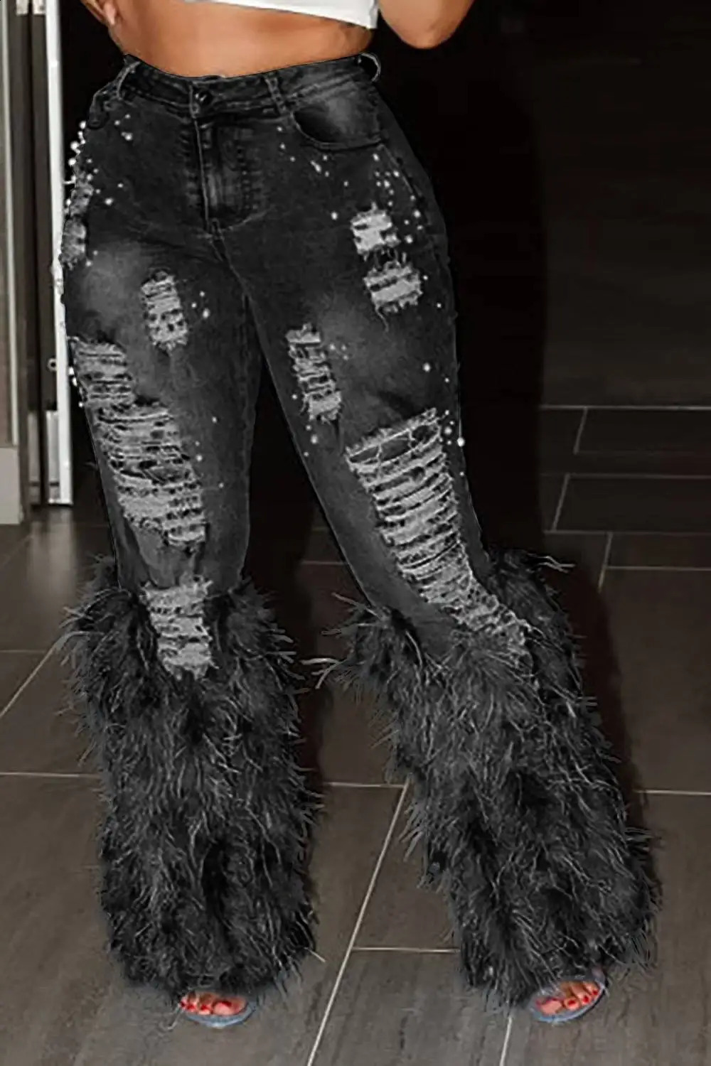 Fashionable womens jeans tassel holes Vitrenage feathers high waisted Y2K streetwear casual denim pants springs tight hollow Trouser 250314