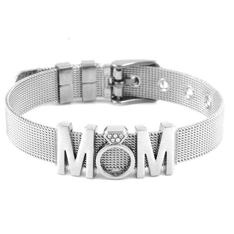 Fashion Ladies Stainless Steel Mesh Bracelets Crystal MoM Charms Fine Bracelet Adjustable Bracelet for Mother's Day Gifts