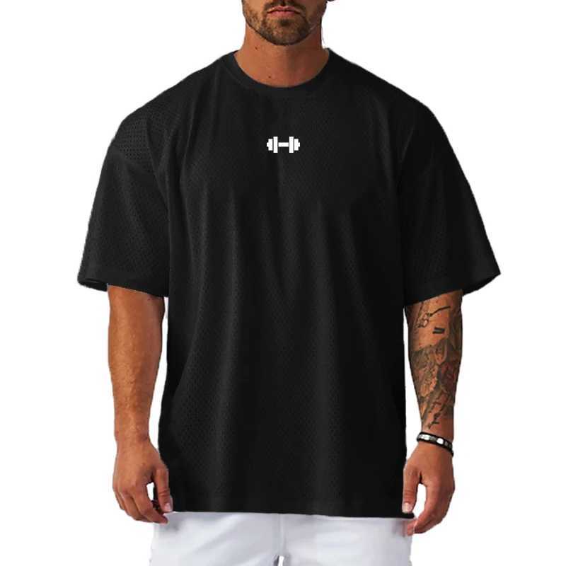 Oversized loose short sleeved quick drying shirt for fitness breathable and cool mesh clothing for mens fitness muscle training T-shirtT250318