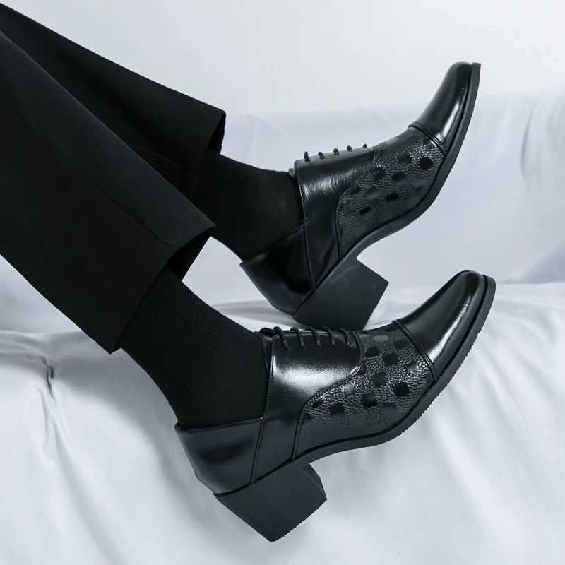 Fi brown dress shoes mens high heels Pointed Plus size 46 leather shoes mens Pahwork checkered mens wedding shoes height increaseXJ250319