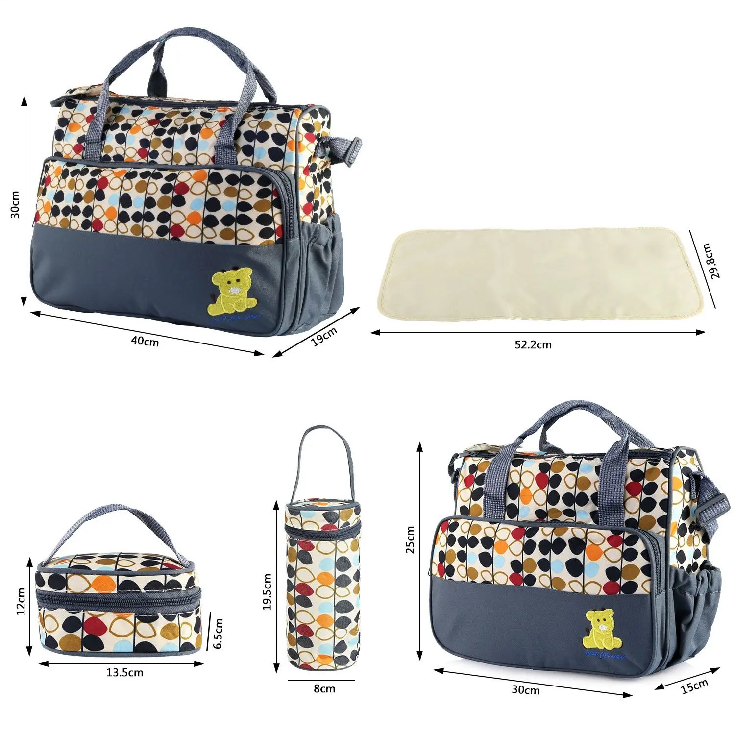 5PCS Baby Nappy Diaper Bags Set Mummy Diaper Shoulder Bags w/ Nappy Changing Pad Insulated Pockets Travel Tote Bags 250319