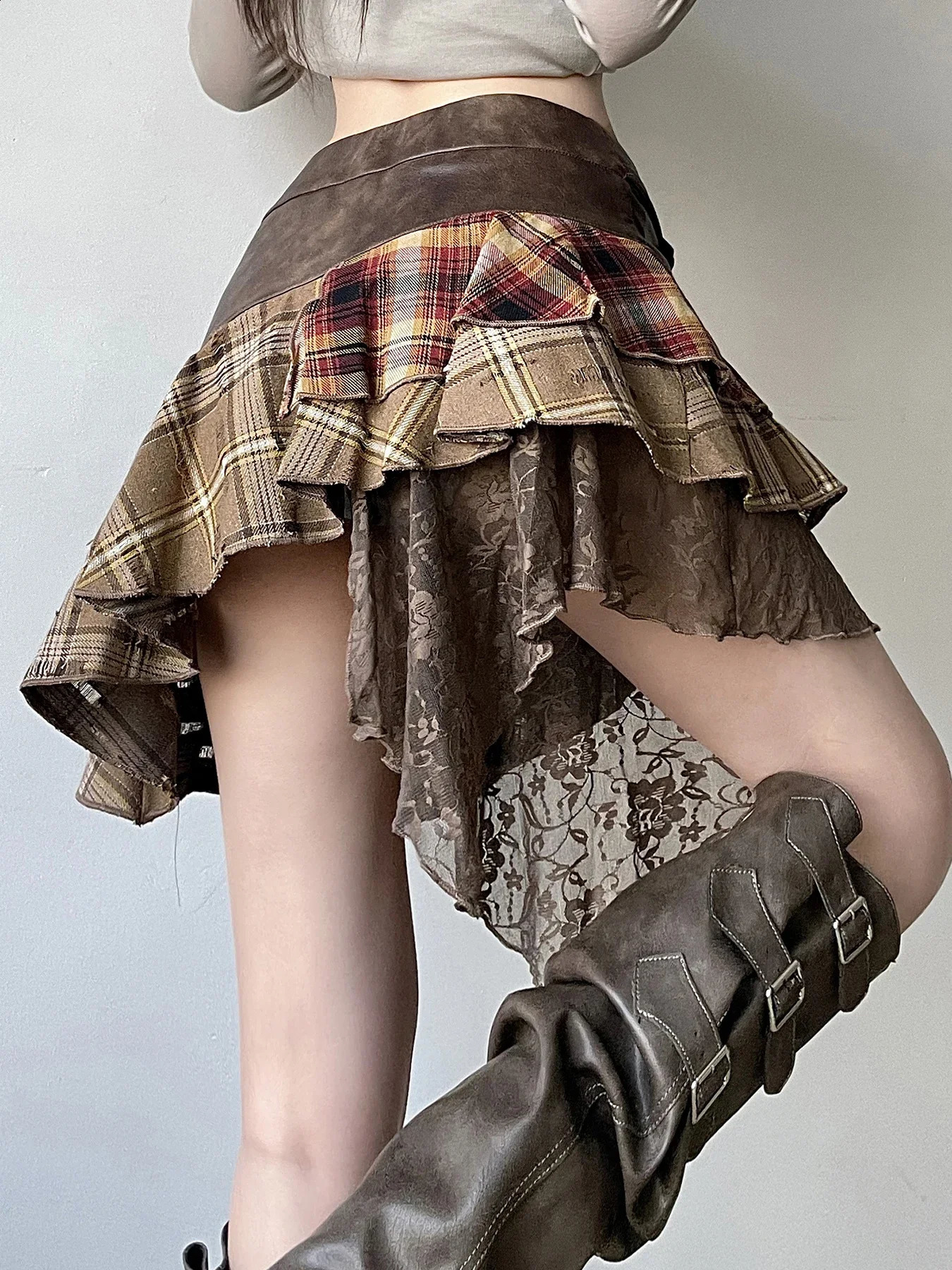 retro fashion street asymmetric women mini skirt lace striped plaid leather irregular fashion stylish skirt 250313