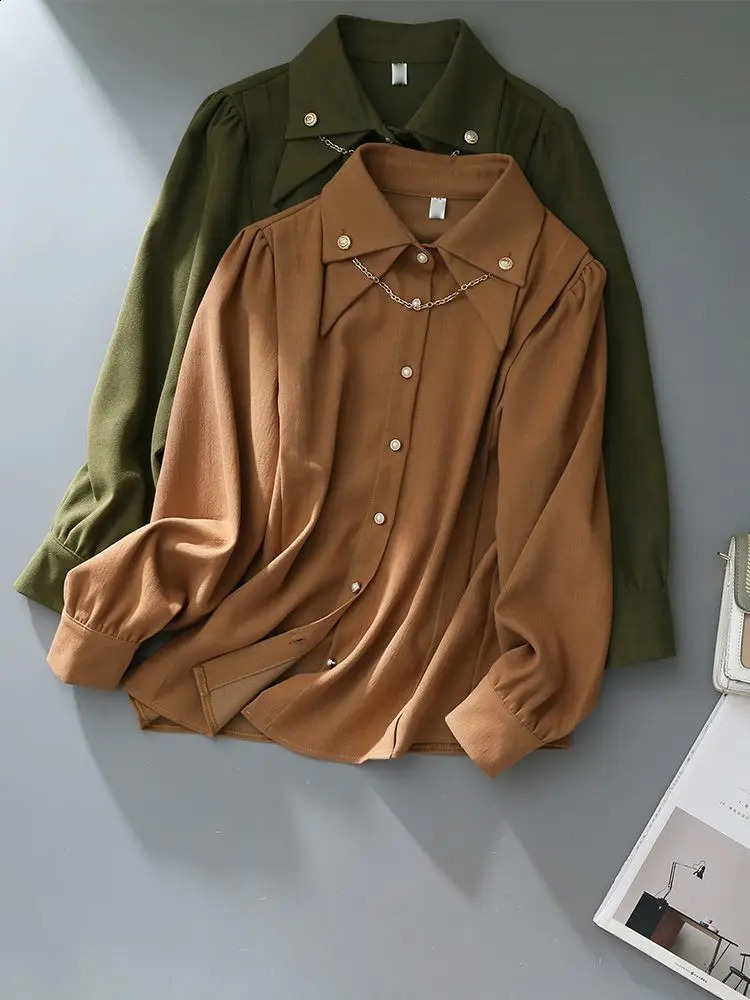 Brushed Corduroy lapel long sleeved shirt for womens autumn and winter n chain retro thick bottom top 250318