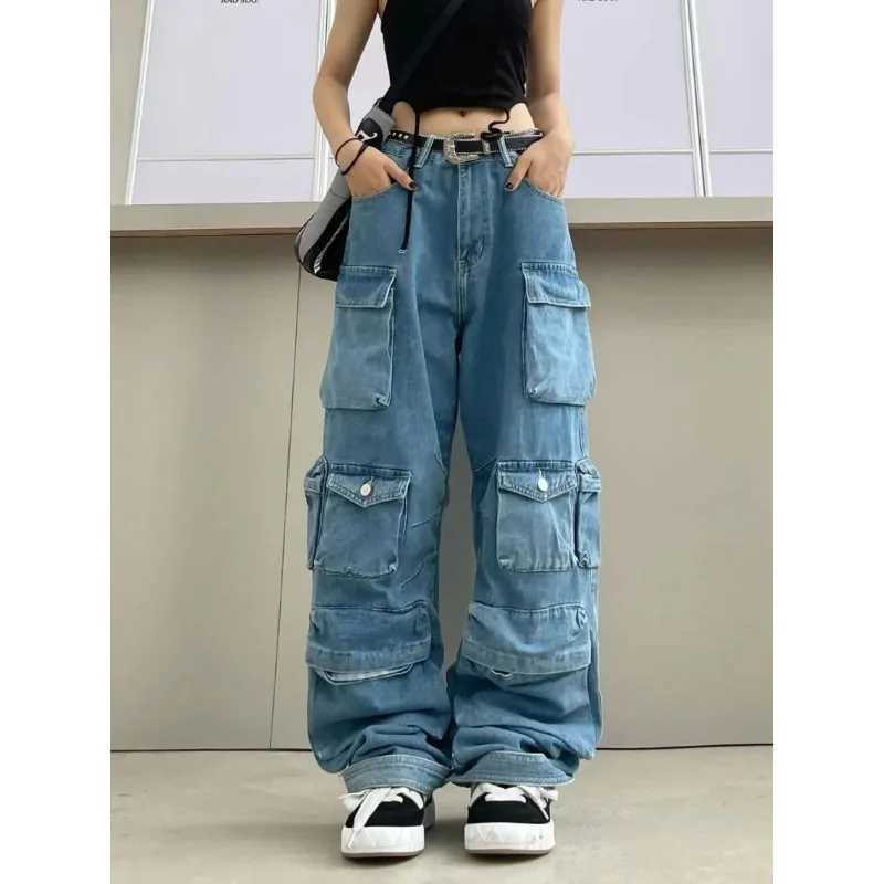 Multi-Pocket Blue Washed Jeans Cargo Pants Y2k Retro Streetwear Fashion High Waist Jeans Couple Harajuku Casual Wide Leg PantsT250319