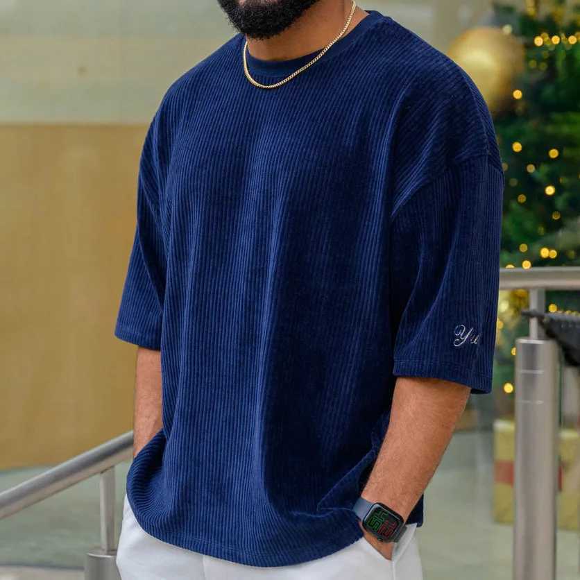 2024 New Fitness Sports Exercise Mens Corduroy Loose T-shirt Summer Crewneck Cotton Running Loose Short SleeveT250318