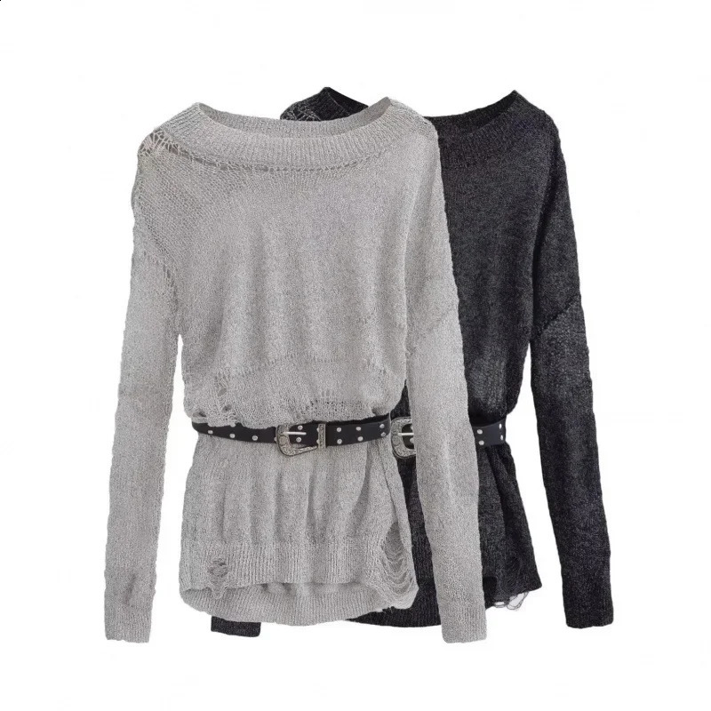 American Style Vintage Hollow out n Thin Knitted Shirt Cover up Lazy Shoulder Exposure Personality Sweater 250318
