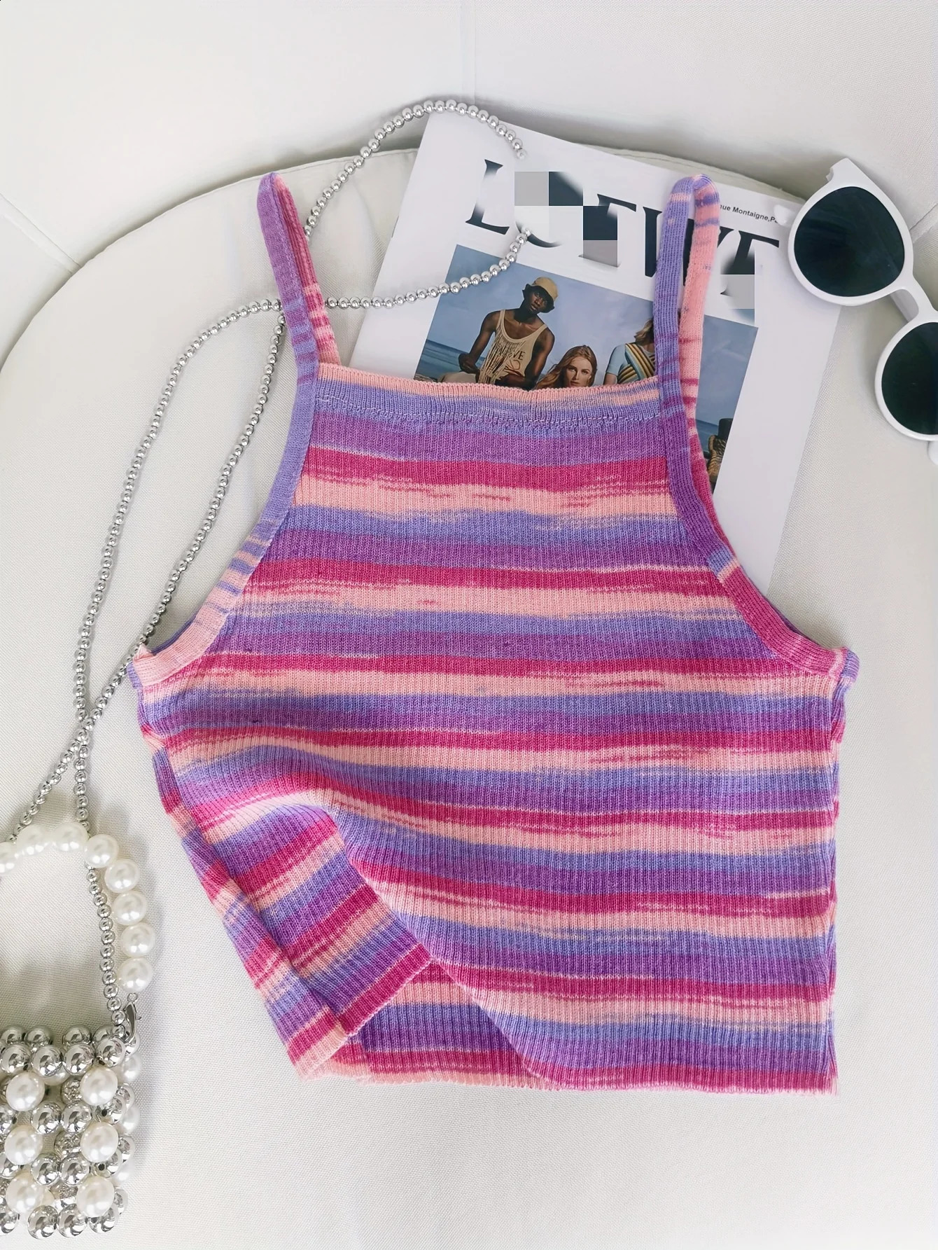 2024 Comfortable and Stylish Striped Ribbed Knit Cami Top for Women Sleeveless Square Neck Casual Rainbow Crop 250311Z