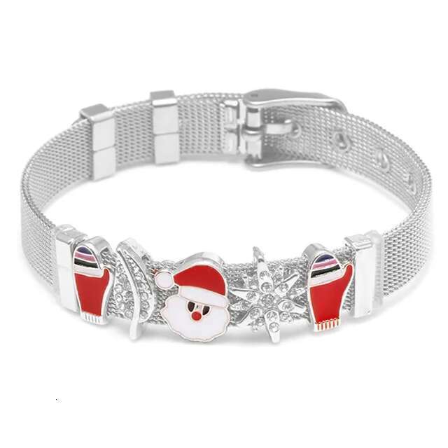 Silver Color Charm Mesh Bracelets For Women Original 10mm Santa Claus Beads Stainless Steel Bracelet Bangle 2021 Christmas Gift