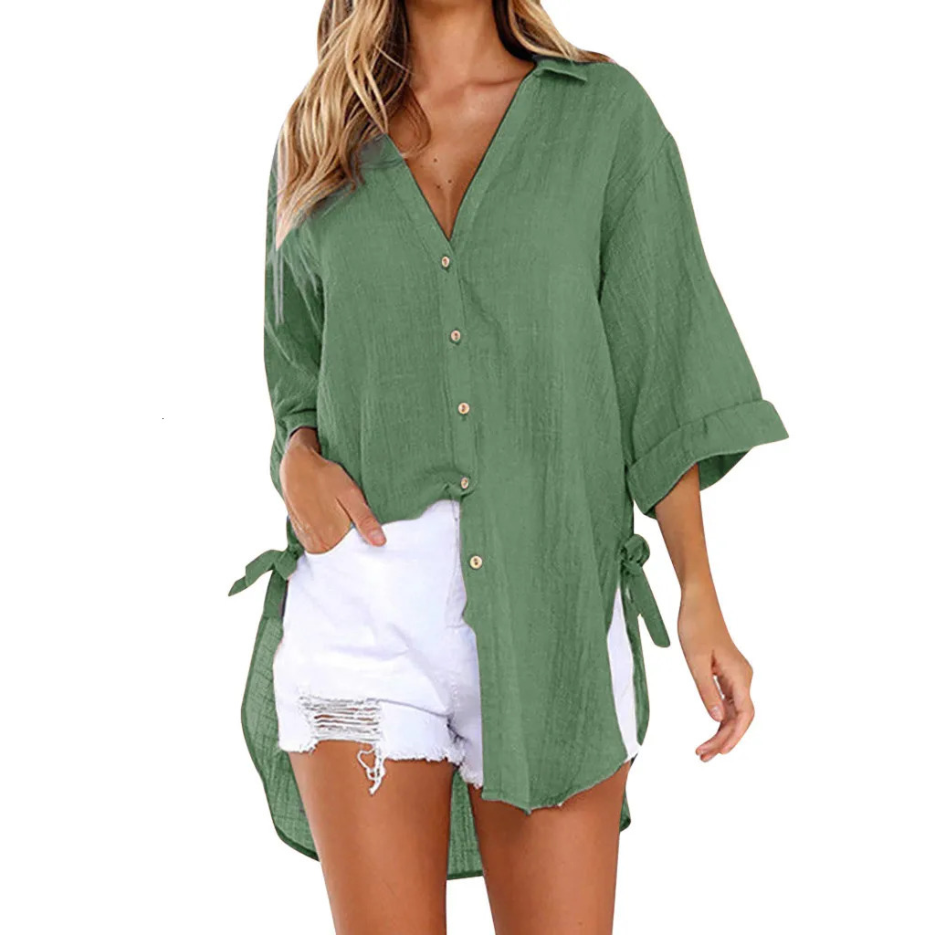 Cotton linen plus size shirt fashionable womens shirt spring/summer long sleeved solid top tuned fashionable button lapel blue 250318