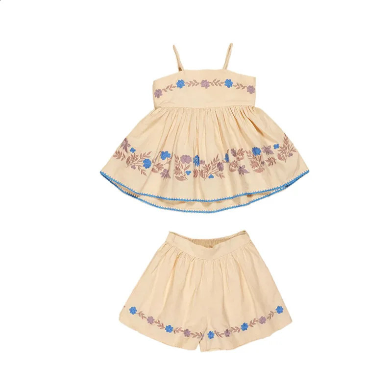 Girls Short-sleeved Top 2025 Summer Fashion Printing Embroidery Girls Short-sleeved Suit Cotton Comfortable Wide Leg Pants 250319