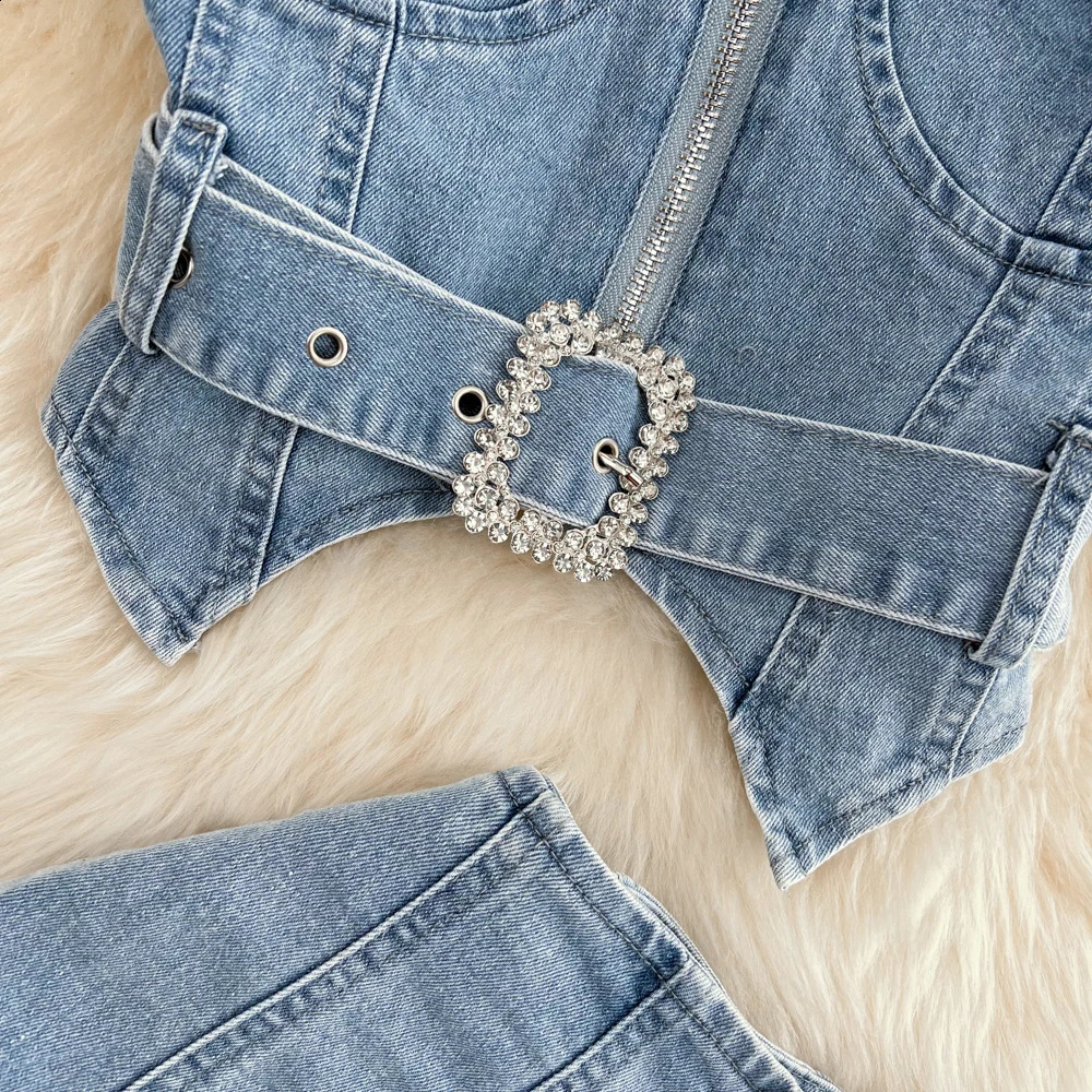 CM.YAYA Women Set Denim Strapless Belt Top Mini shorts Sets Street Casual Two 2 Piece Set Sexy Party Outfit Summer 250319