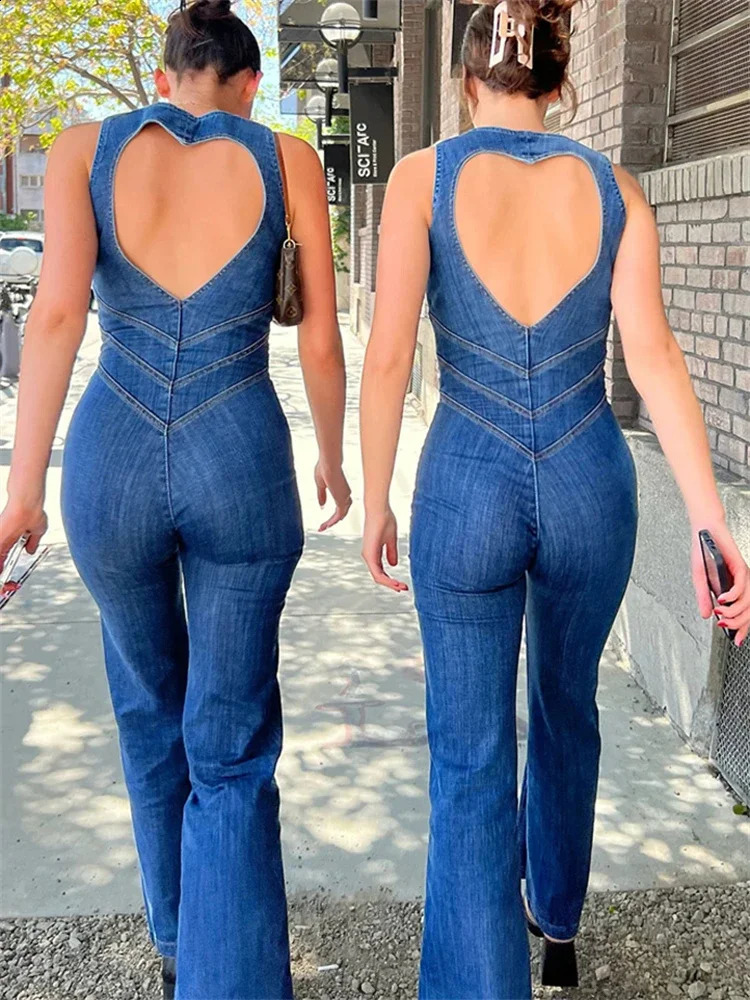 TARUXY Backless Heart Cutout Bodycon Jumpsuit For Women Casual Sleeveless Slim One-Piece Outfits Retro Denim Jumpsuits 2025 250319