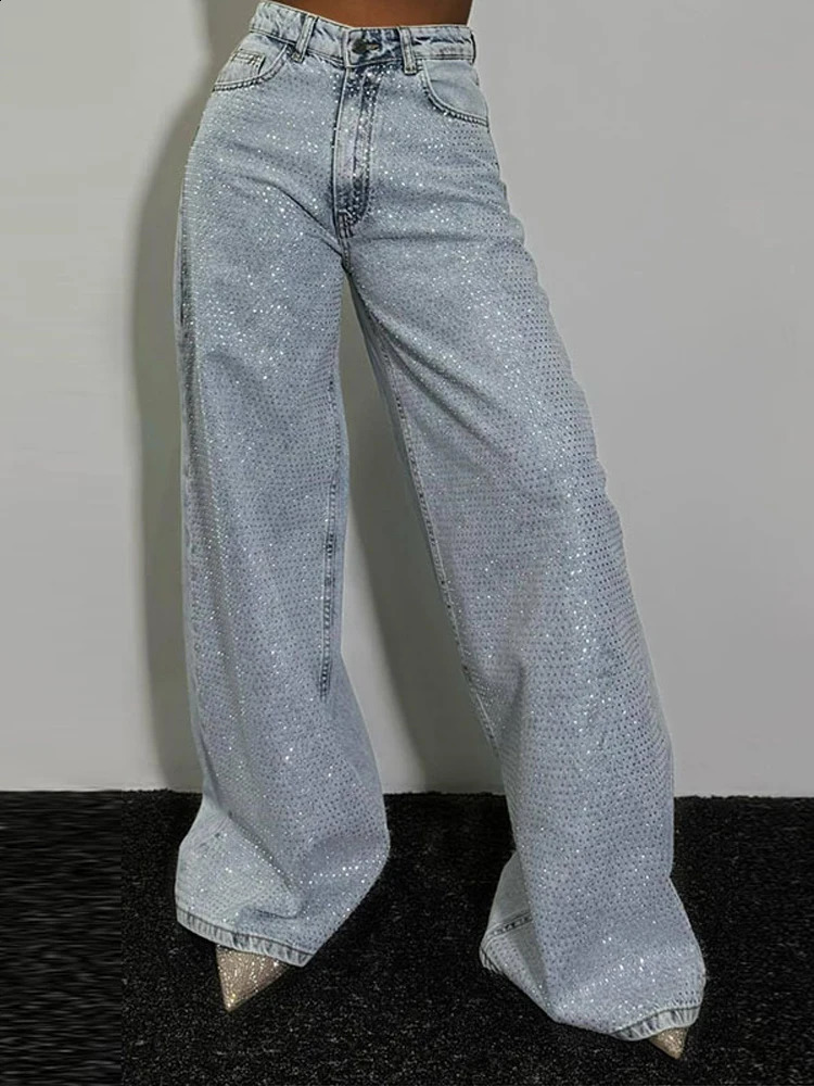 Shiny rhinestone denim womens pants full diamond jeans high rise pockets dragging extremely tight wide leg summer 250317