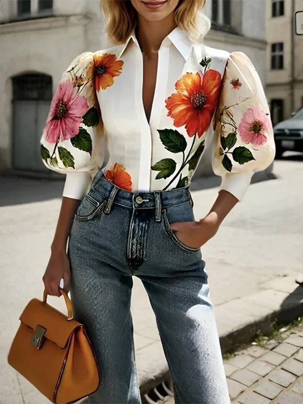 Krismile Women Elegant Blouses Tops Puff Sleeves Asymmetric Floral Printed Lapel Shirts Tops for Woman 2025 Spring Summer 250318