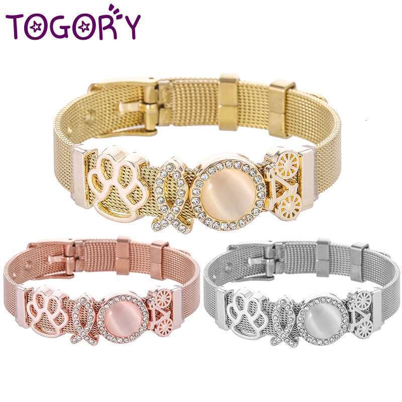 10mm Dog Paw Bicycle Beads Stainless Steel Mesh Bracelets DIY Charm Keeper Bracelets Bangle For Women Boyfriend Men Jewelry Gift