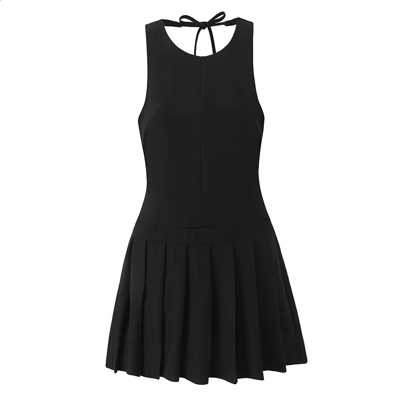 2025 Women Sexy Backless Black Gray Tank Dress Low Waist Pleated Hem Aline Short Summer Dresses High Street Robe 250319