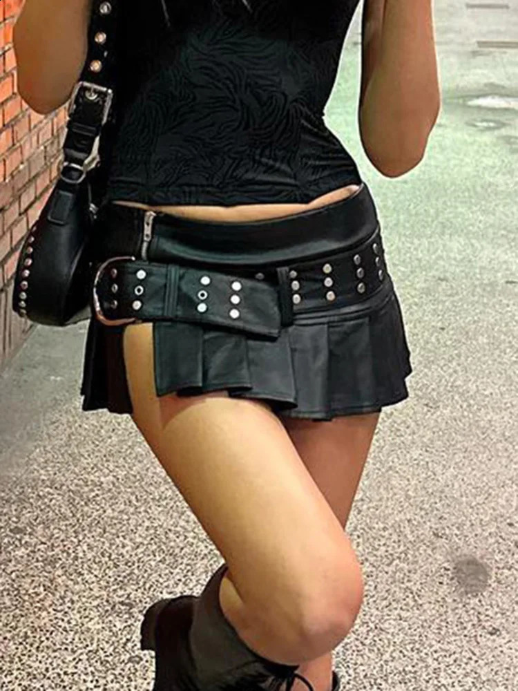 Rockmore PU Leather WomenS Mini Skirt Belt Low Waist Gothic Black Vintage y2k Streetwear Zipper Pleated Skirt Harajuku Korean 250319