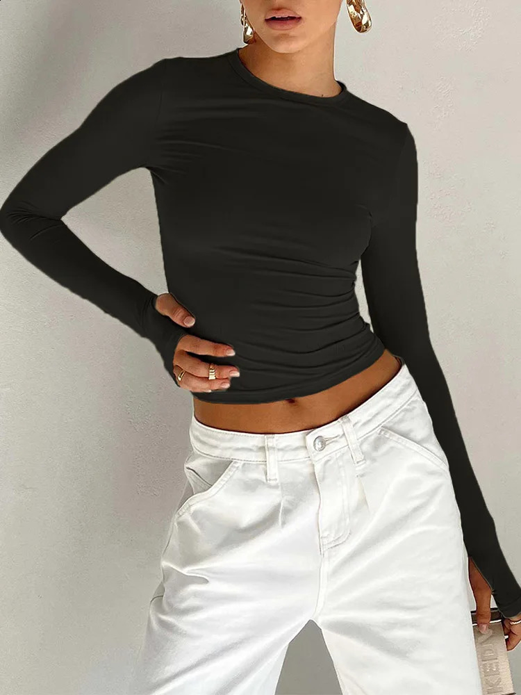 Fashion Women T-shirt Long Sleeve Crew Neck Solid Slim Fit Ladies Crop Top with Thumb Holes for Daily Streetwear Summer Camis 250319