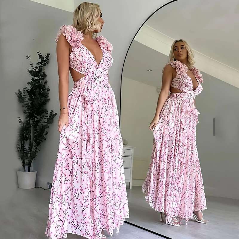 Summer Vacation Sexy Print Long Deep V-Neck Backless Slim Fit Ruffled Ral Dress