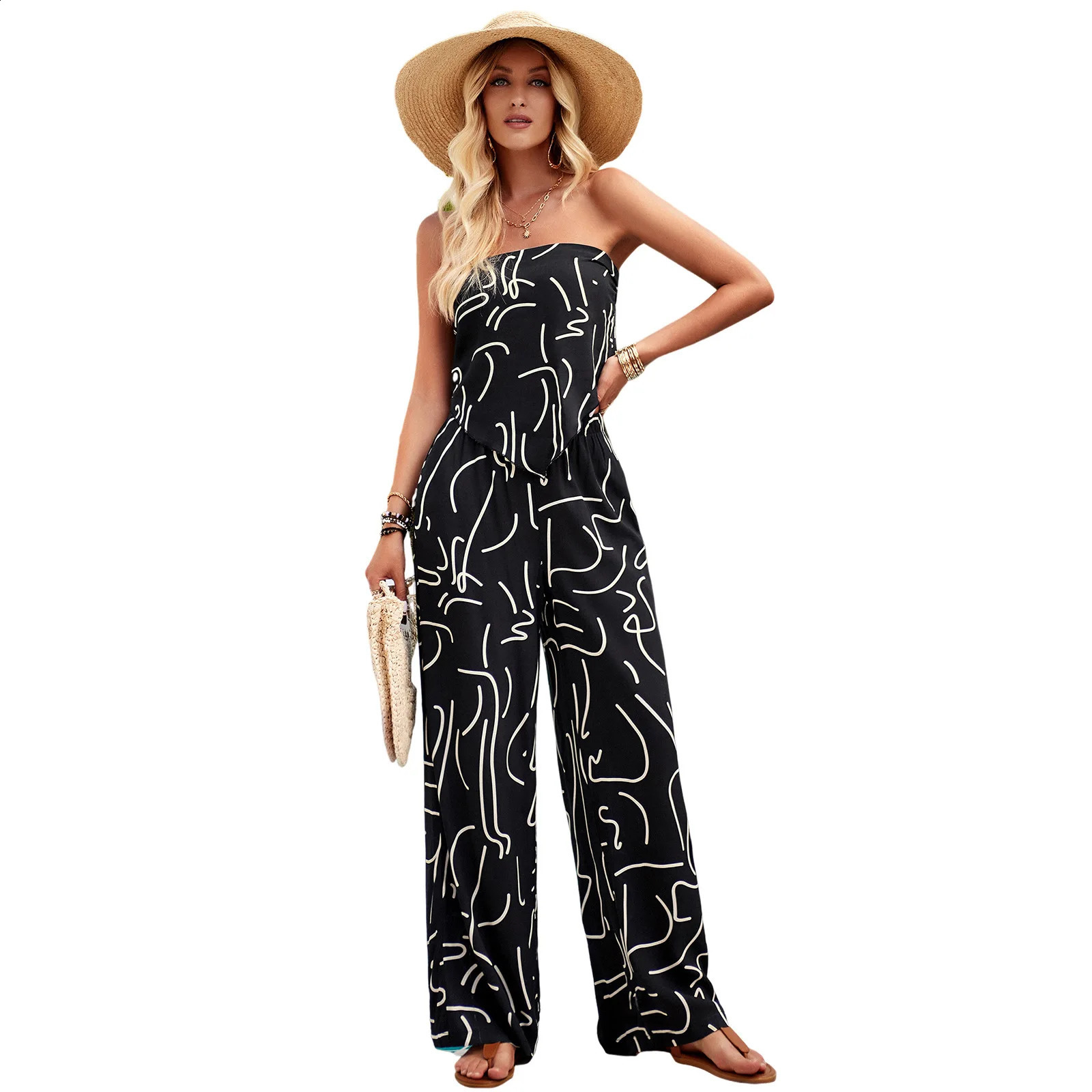 Summer Womens Clothing Set Chequer Sun Printed Ladies Strapless Top Casual Wide Leg Pants for Women Trousers Sets 250318