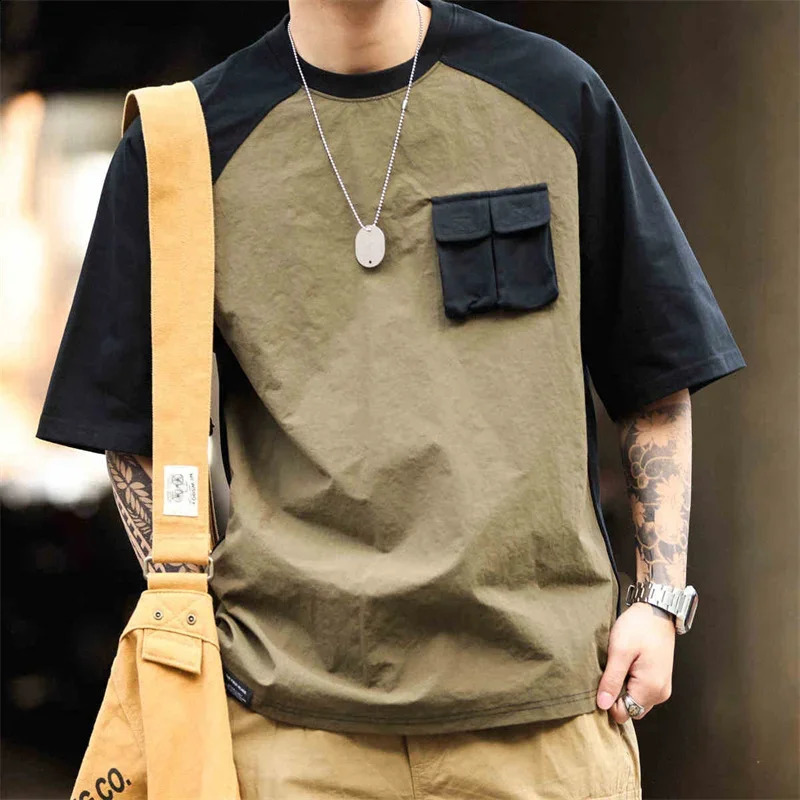 American retro pocket patch mens summer casual cotton short sleeved round neck Tshirt Y2K streetwear 250318