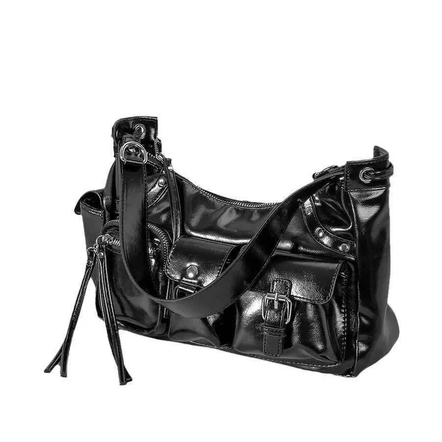 Large capacity Mti pocket motorcycle bag with niche design PU leather single shoe diagonal cross bag Y2K spicy girl Scpt Y250318