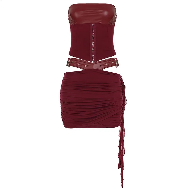 Tuularose Vintage Leather Skirt Two Piece Set Women Sexy Strapless Lace Up Top Leather Hollow Bodycon Skirt Y2k Party Skirt Set 250319