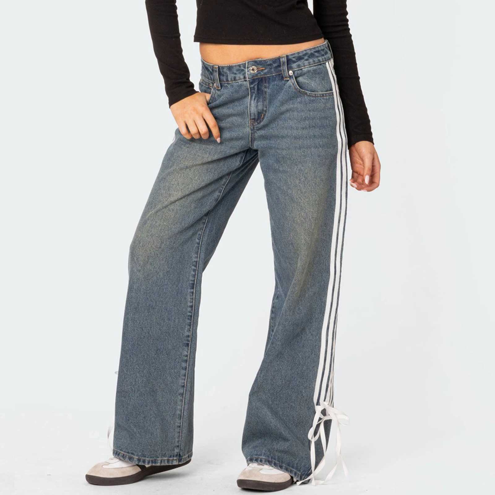 Womens Low Rise Jeans Fashion Side Stripe Tie Bow Straight Leg Denim Pants with Pockets for Summer StreetwearT250319