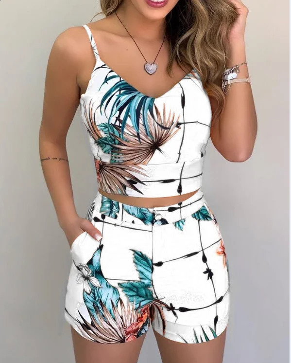 Womens Fashion Summer Two Piece Sleeveless Flower Tank TopShorts Elegant Womens Ensemble 2PCS Set Street Dress 250318