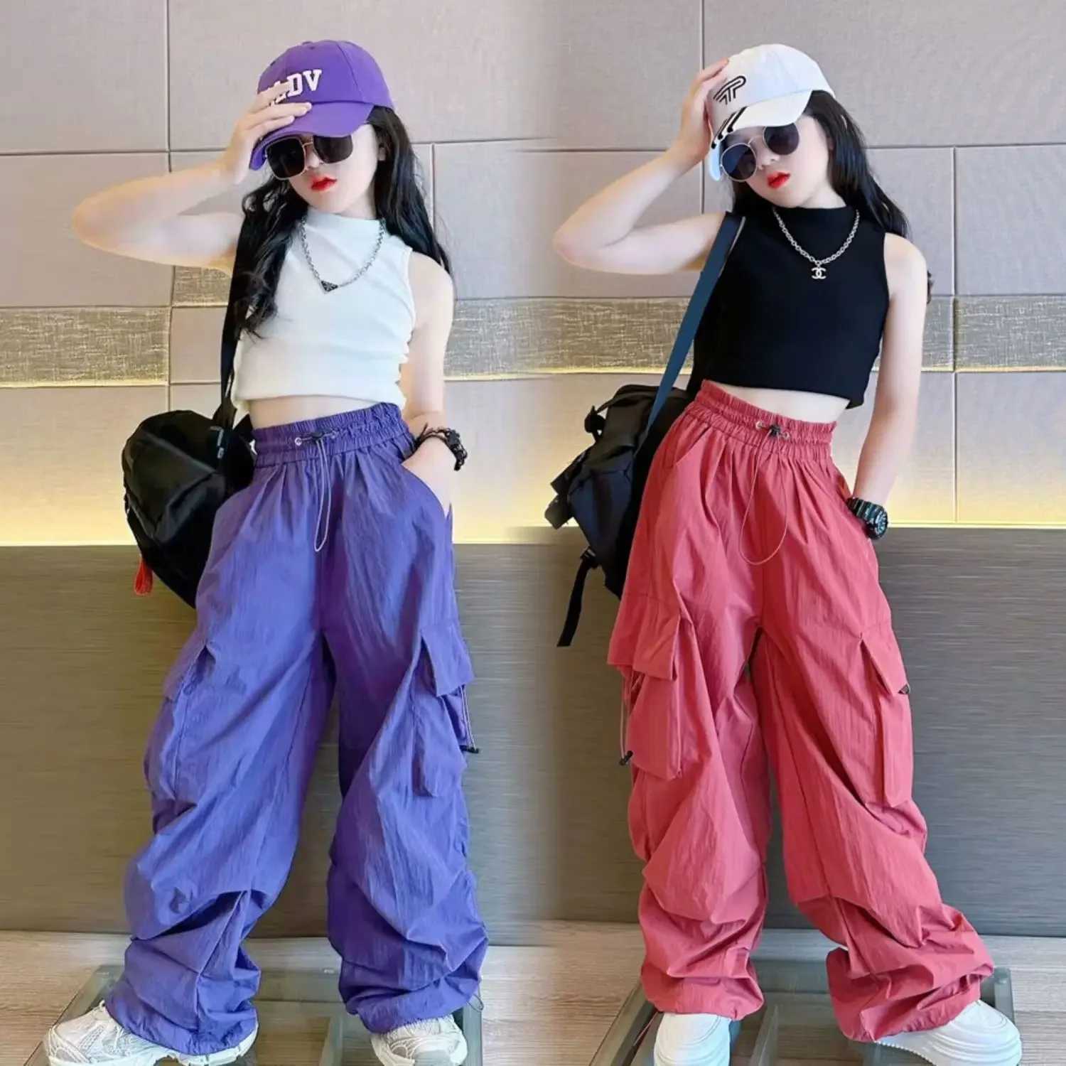 5-14Y childrens hip-hop jogging pants girls cargo pants teenagers straight three person high waist retro casual street bag pantsT250318