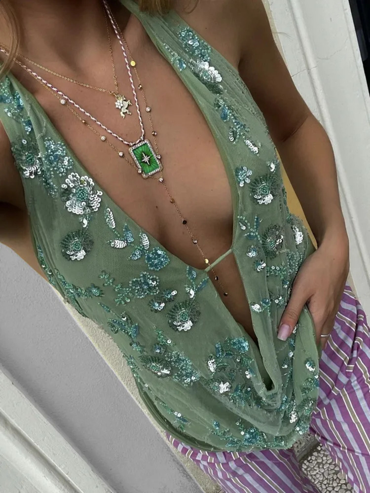 Mozision Glitter Deep V Neck Sexy Tank Tops Women Vest Pullovers Summer Sparkle Backless Cropped Tops Elegant Beach Tops 250319