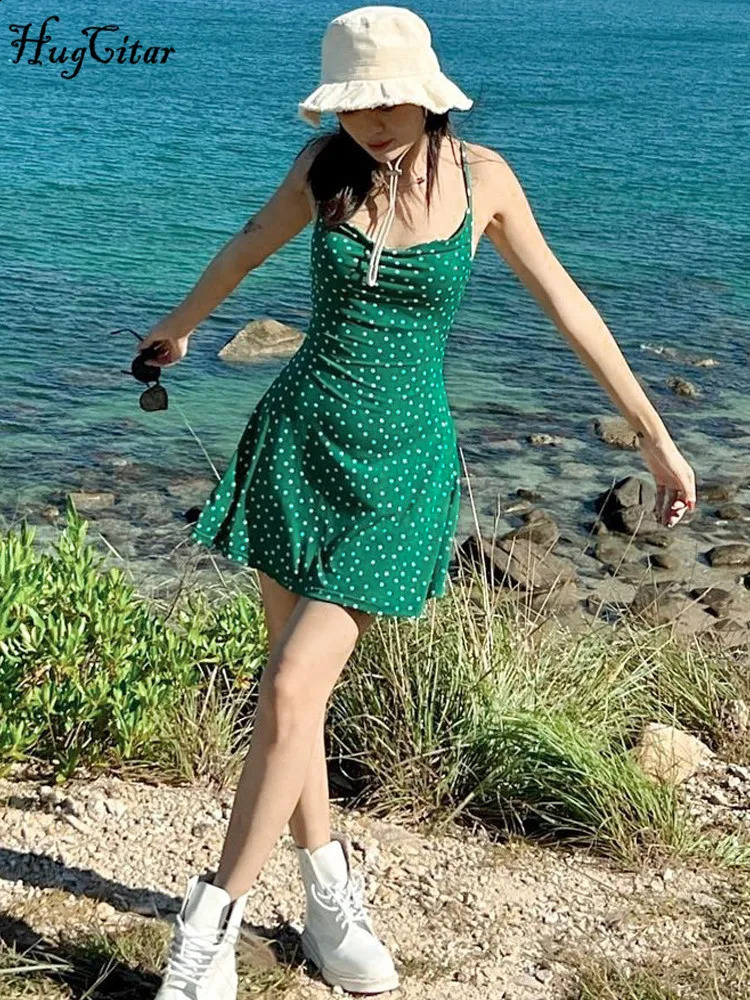 Hugcitar Summer Spot Print Slips Backless Sexy Elegant Bodycon Mini Prom Dress Women Casual Clothes Y2K Beach Festival 250319