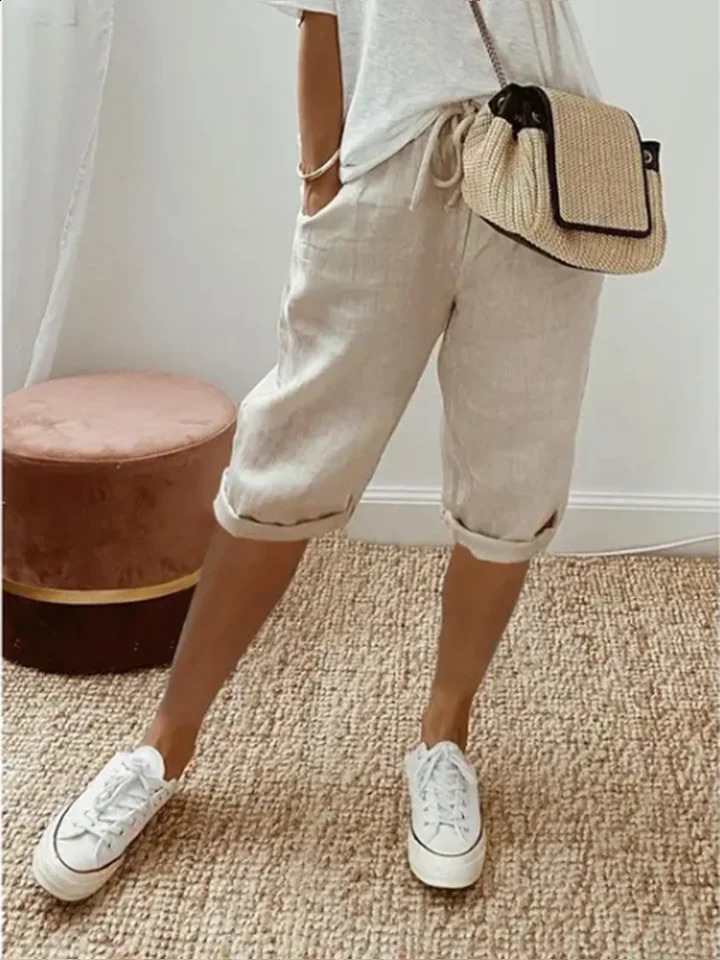 Summer Middle Pants Womens Solid Color Pocket Elastic Shorts Casual Fashion Sports Shorts Cotton Beach Shorts 250319