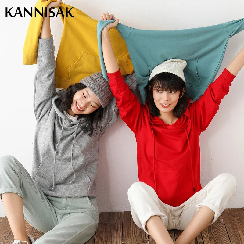 Women Hoodies 100% Cotton Spring Autumn Loose Long Sleeve Pullovers Solid Casual Ladies Outerwear Hooded Hoodie Womens Clothing 250318