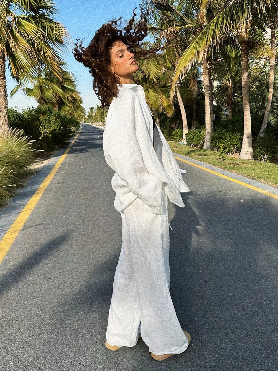 Bornadies Cotton Casual Pants Set for Women Solid Color Comfortable Collar Long Sleeve Summer Dress Elastic Waist 250319