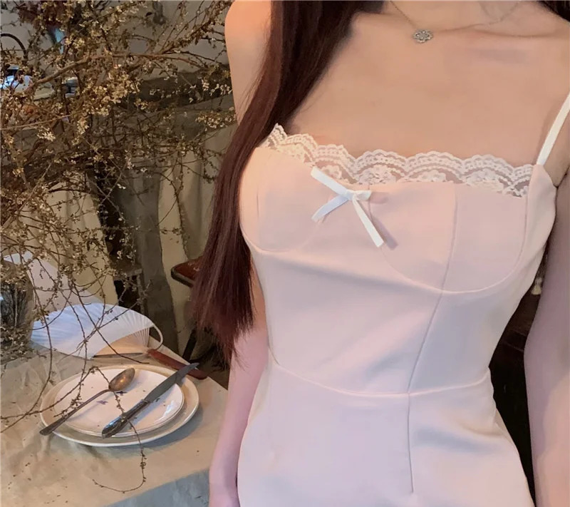 Lace bow hanging dress suitable for womens waist embrace and weight loss 250314