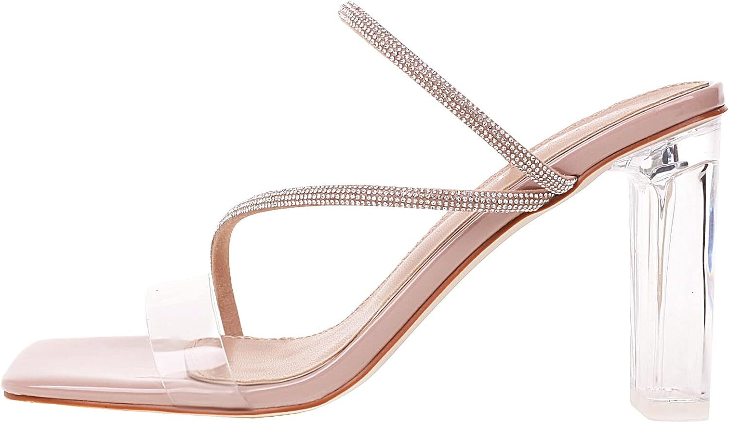 2025 New Designer sandals Women's square toe transparent rhinestone lace up high-heeled sandals transparent thick heel slippers wedding dress