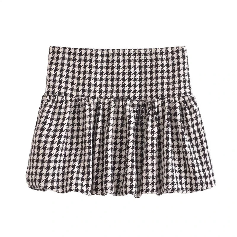 Womens Suit 2025 Houndstooth Long Sleeve Crew Neck Top Balloon Fit Mini Skirt Womens Retro Fashion Set 250318