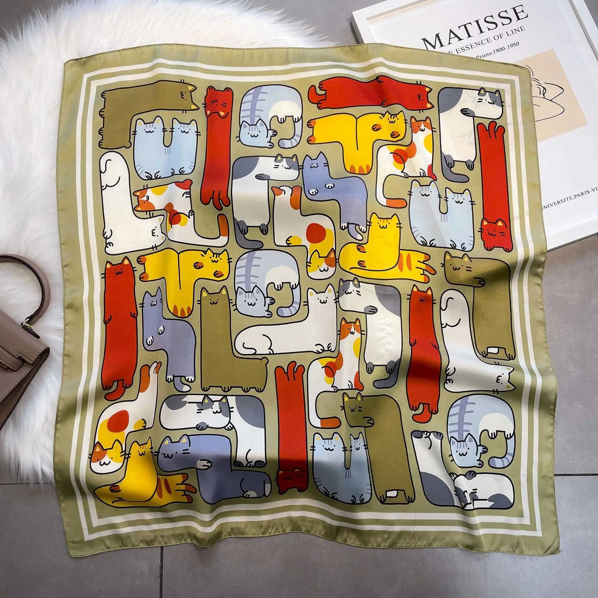 2023 Silk Shawl Print Scarf Cat Hair Wrap Neckerchief Fem Satin Square Scarf For Wen band Foard Hijab Bandana X250319
