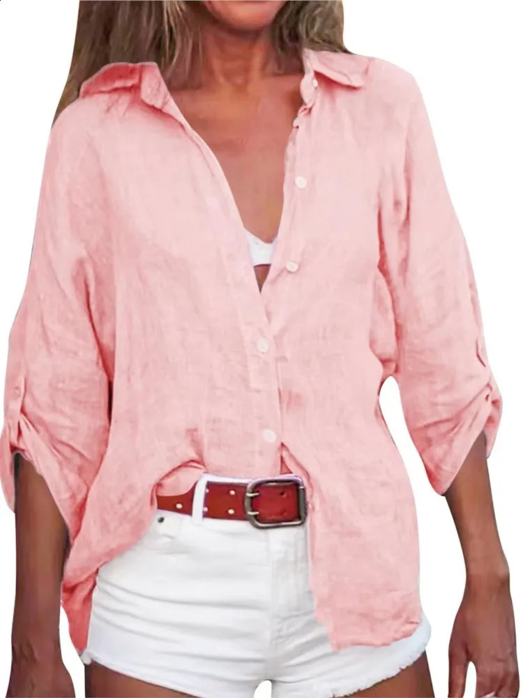 Cotton and linen shirts womens summer solid long sleeved button up cardigans office tops retro streetwear 250318