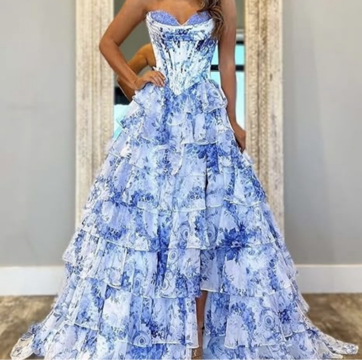 Ruffles Tiered Floral Chiffon Prom Dresses High Slit A-Line Sweetheart Neckline Sleeveless Long Pink Evening Gown Girls Boutique Special Occasion Dres