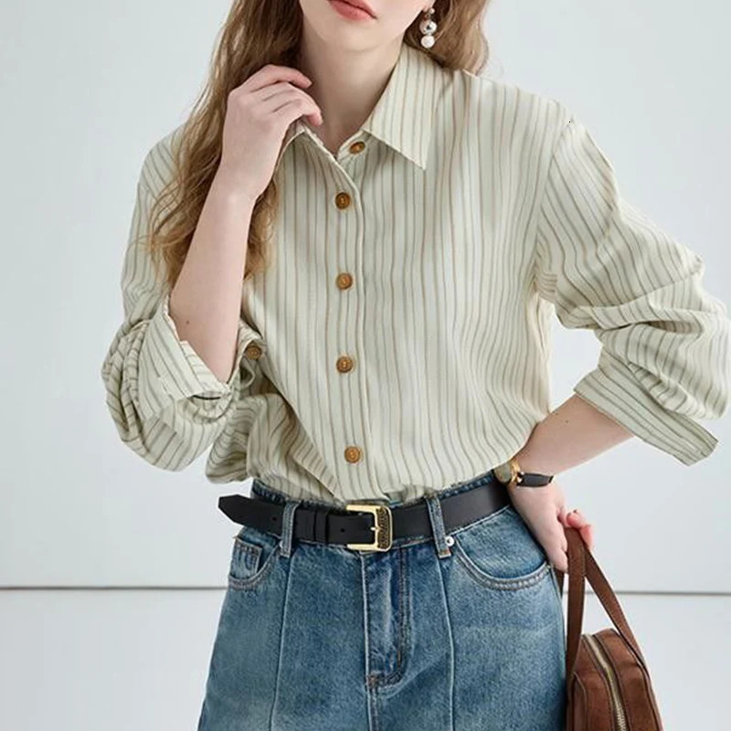 Spring/Autumn Vintage Loose Striped High Quality Long Sleeve Shirt Original Casual Elegant Fashion Womens Top 250318