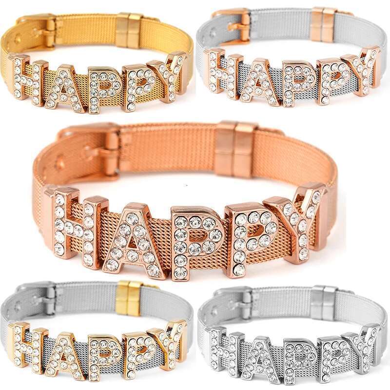 10mm Crystal HAPPY Beads Charm Bracelets DIY Mesh Keeper Bracelets Bangle Pulseras Mujer For Women Men Best Fashion Jewelry Gift