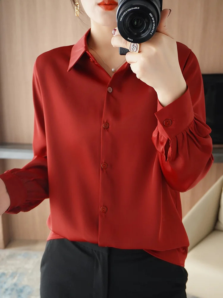 Womens long sleeved satin polo neck shirt for spring and summer 2024 warm loose solid cardigan 250319