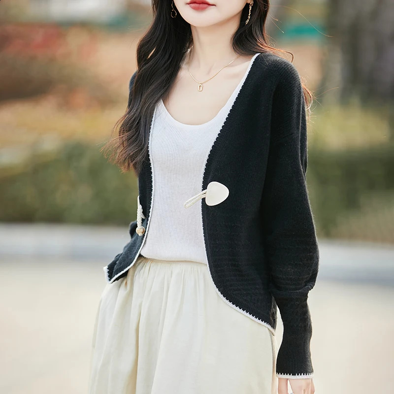 spring long sleeved knitted cardigan womens V-neck 100% wool sweater trendy fashion short cut hollow summer jacket sweater 250318